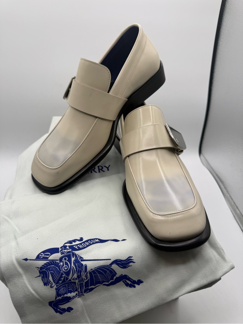Burberry Cream shield Leather Slip-On Loafers with Buckle Detail